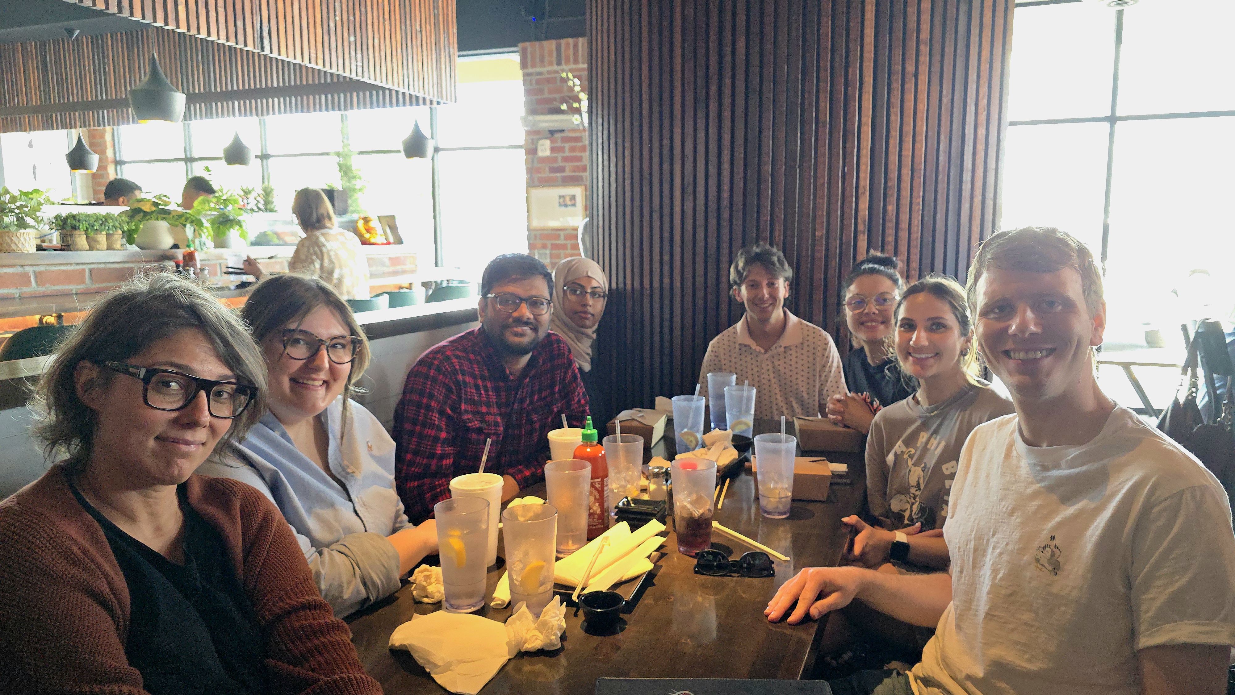 Mercedes, Madeline, Niladri, Akram, Seth, Elixiva, Sydney, and Reed eating lunch